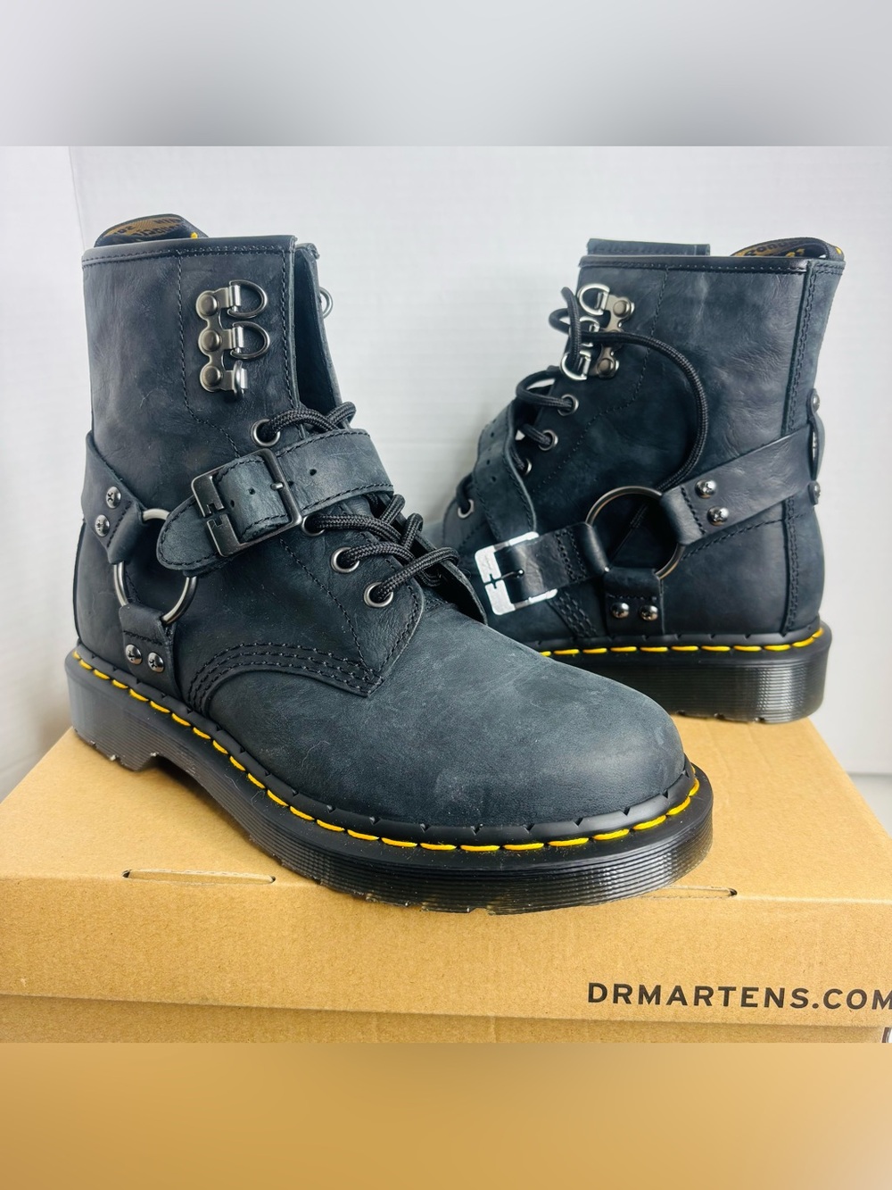 Dr. Martens Black Leather Lace-Up Tactical Boots with Yellow Welt Stitching
